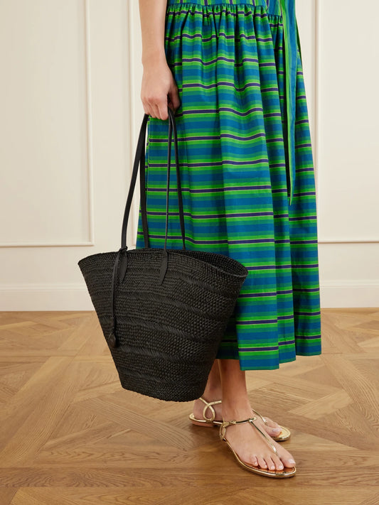 Image of Bags. Product name - Market Leather-trimmed Woven Iraca Tote in Black colour by brand - Hunting Season