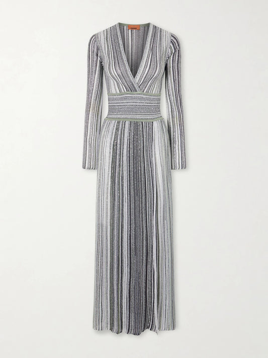 Striped Sequin-embellished Metalic Crochet-knit Maxi Dress