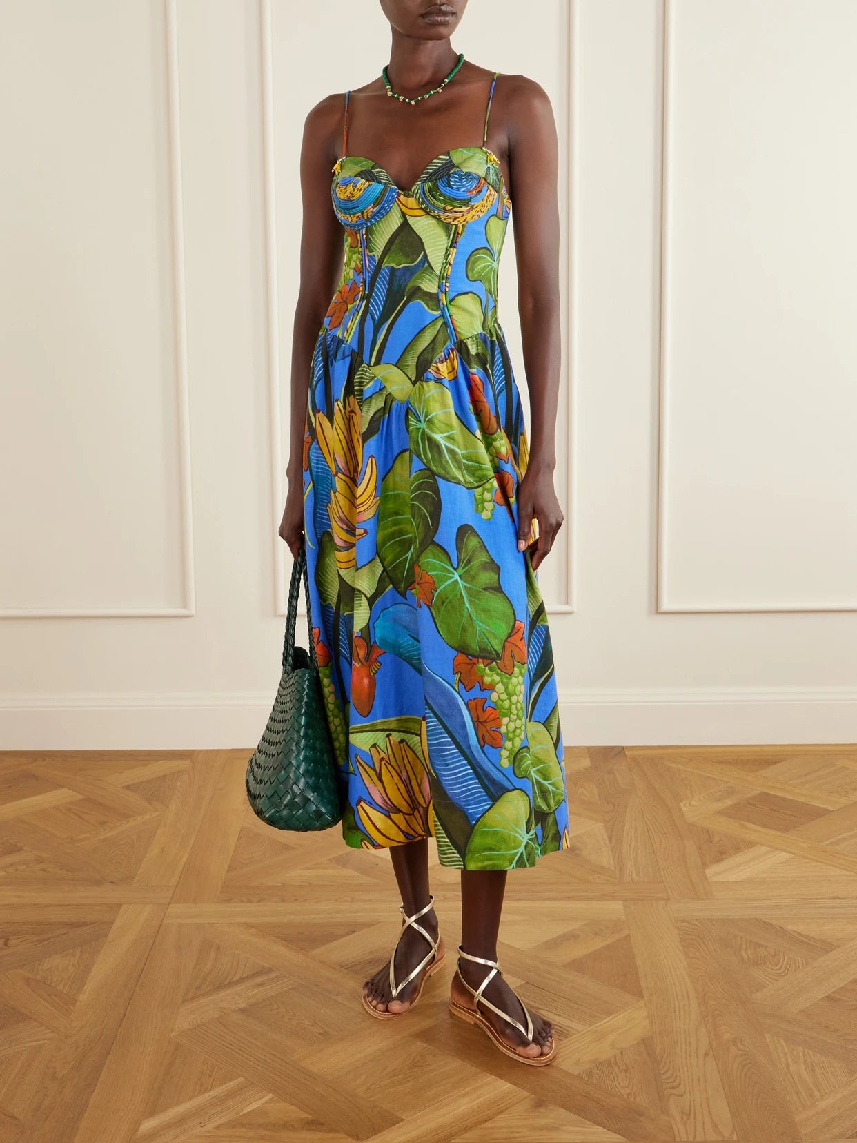 Image of Dresses. Product name - Banana Grapes Printed Linen-blend Midi Dress in Blue colour by brand - Farm Rio