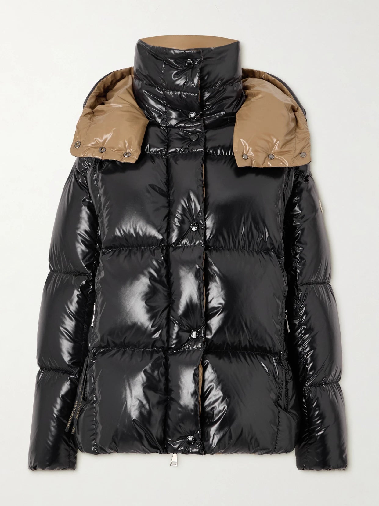 Image of Coats & Jackets. Product name - Hooded Quilted Glossed-shell Down Jacket in Black colour by brand - Moncler