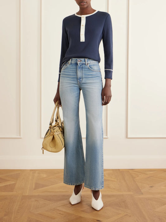 Image of a model wearing Tops. Product name - Ribbed Cotton-jersey Shirt in Navy colour by brand - Chloé