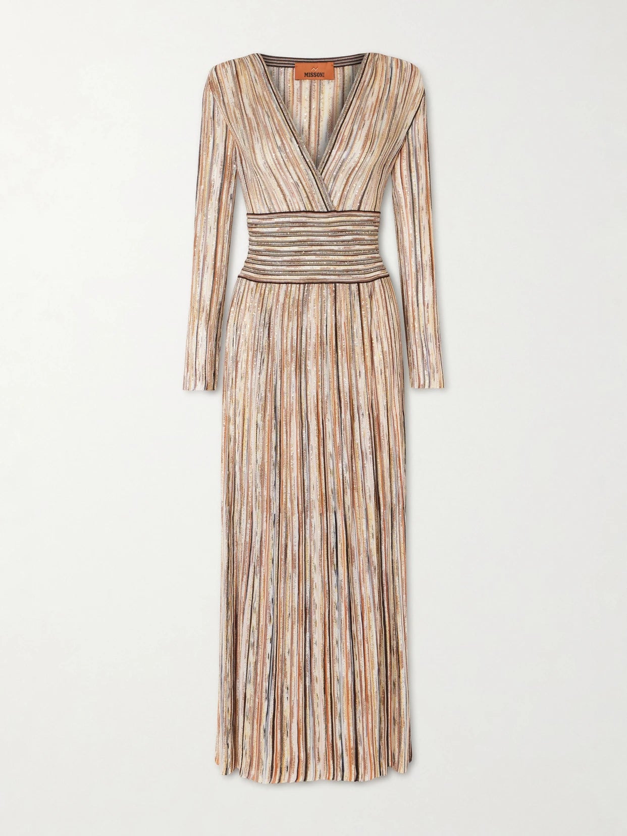 Image of Dresses. Product name - Sequin-embellished Striped Metallic Crochet-knit Midi Dress in Brown colour by brand - Missoni