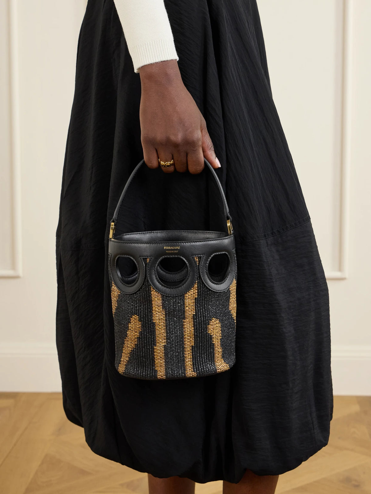 Cutout Leather-paneled Raffia Tote