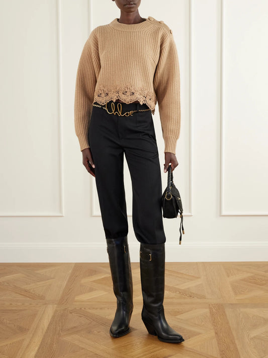 Image of Boots. Product name - Azelan Embroidered Leather Knee Boots in Black, Tan colour by brand - Chloé