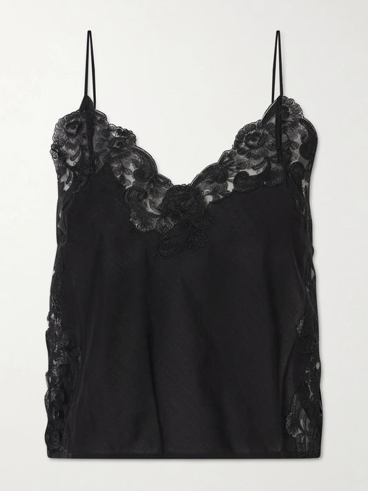 Image of a model wearing Tops. Product name - Oriana Lace-trimmed Cotton Tank in Black colour by brand - Loretta Caponi