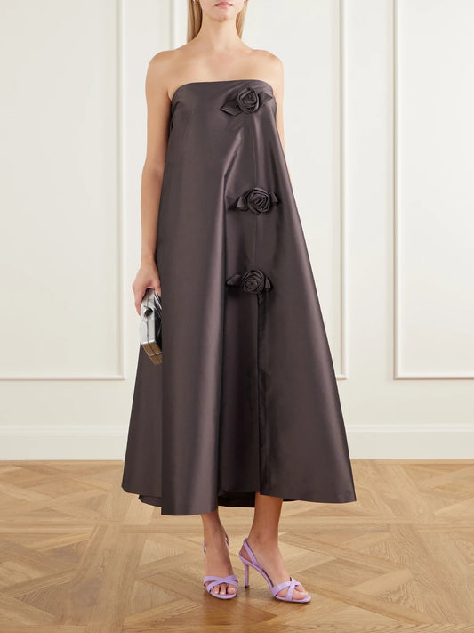 Image of Dresses. Product name - Rosier Strapless Floral-appliquéd Taffeta Midi Dress in Dark purple colour by brand - BERNADETTE