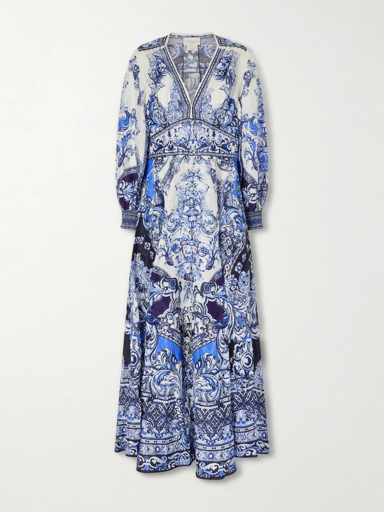 Image of Dresses. Product name - Crystal-embellished Printed Linen And Silk-blend Maxi Dress in Blue colour by brand - Camilla