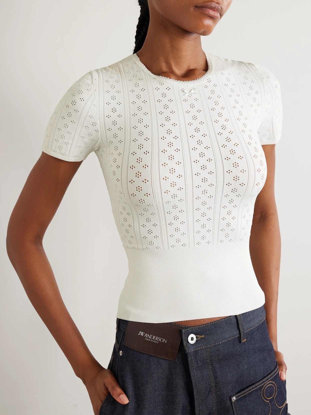 Bow-detailed Recycled Pointelle-knit T-shirt