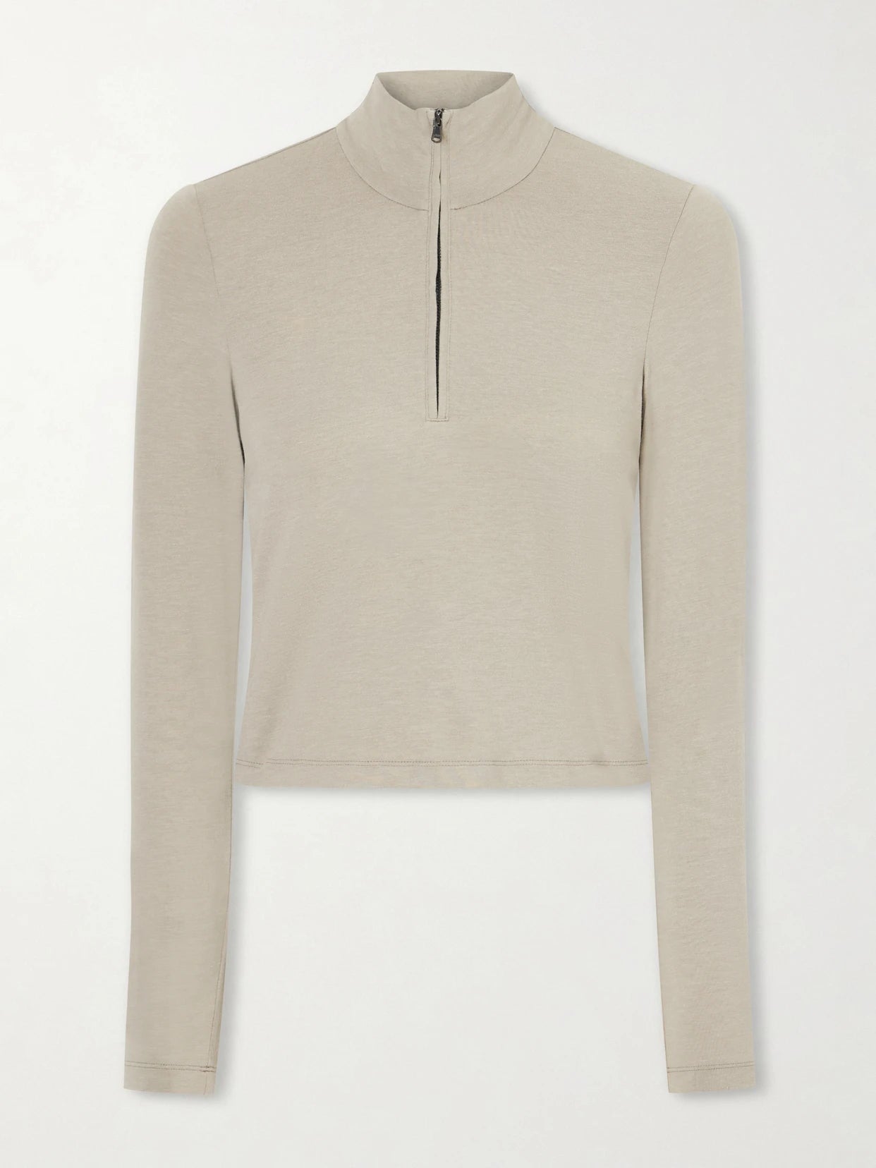 Image of a model wearing Tops. Product name - Cropped Cotton-blend Half-zip Top in Beige colour by brand - James Perse