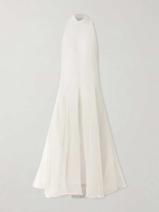 Image of Dresses. Product name - Halterneck Silk Maxi Dress in White colour by brand - Brunello Cucinelli