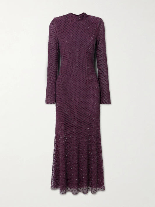 Image of Dresses. Product name - Crystal-embellished Fishnet Turtleneck Midi Dress in Burgundy colour by brand - Self-Portrait