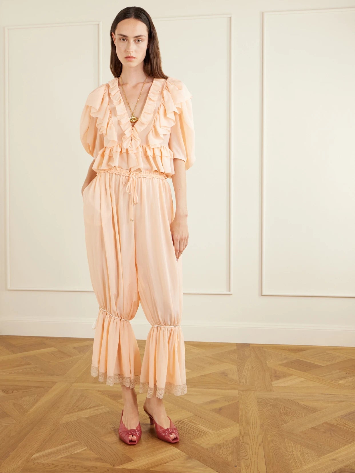 Image of Blouses. Product name - Ruffled Silk-charmeuse Blouse in Peach colour by brand - Chloé