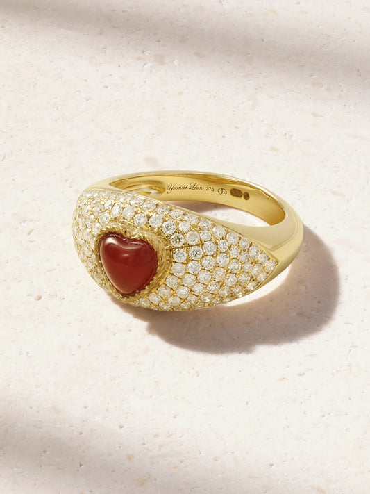 Mini Bague Dôme Coeur 9-karat Gold, Agate And Diamond Ring