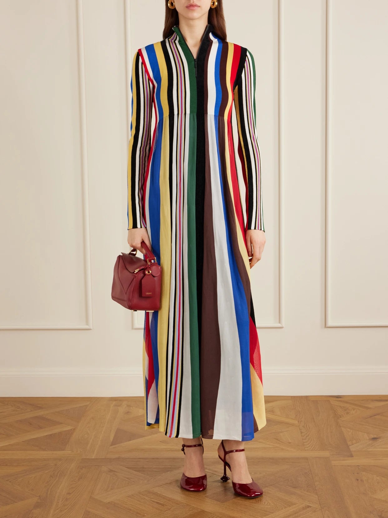 Image of Dresses. Product name - Striped Chiffon And Ribbed Jersey Maxi Dress in Multi colour by brand - LOEWE