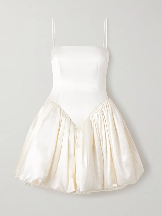 Image of Dresses. Product name - Birdie Gathered Silk And Wool-blend Satin Bustier Mini Dress in Off-white colour by brand - Danielle Frankel