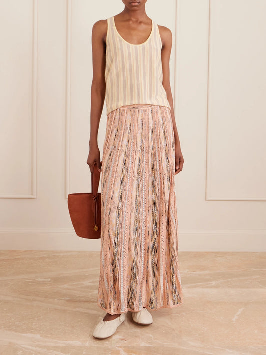 Image of a model wearing Skirts. Product name - Clio Striped Pointelle-knit Midi Skirt in Pink colour by brand - Ulla Johnson