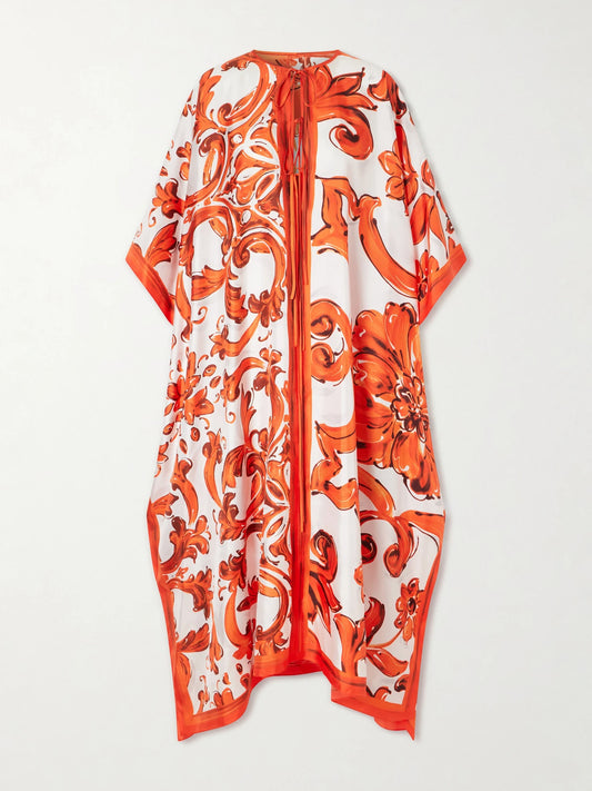 Image of Dresses. Product name - Maiolica Printed Silk Maxi Dress in Orange colour by brand - Dolce & Gabbana