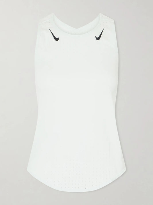 Image of a model wearing Tops. Product name - Aeroswift Perforated Dri-fit Adv Tank in White colour by brand - Nike