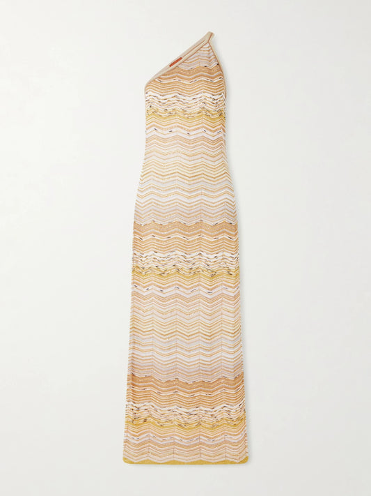 Image of Dresses. Product name - One-shoulder Sequin-embellished Striped Metallic Crochet-knit Maxi Dress in Gold colour by brand - Missoni