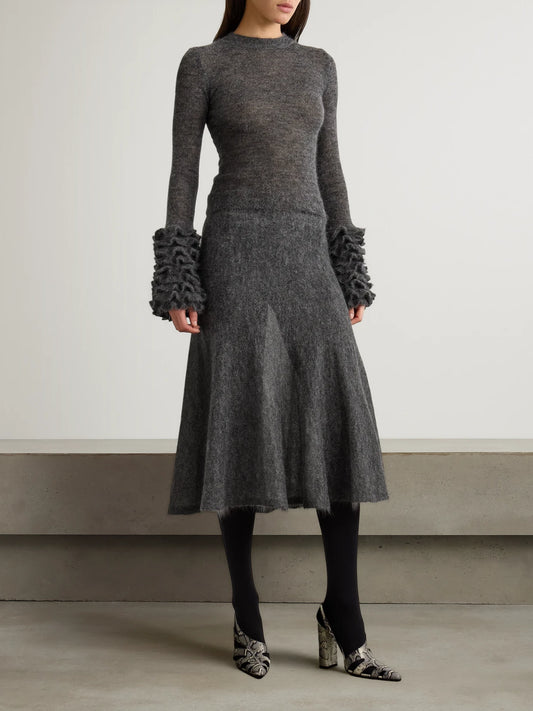Image of a model wearing Outerwear. Product name - Ruched Mohair-blend Sweater in Gray colour by brand - Alaïa