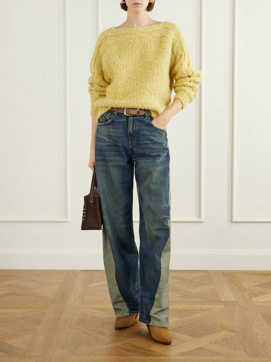 Image of Jeans. Product name - Clyde Double Vintage Blue Mid-rise Wide-leg Jeans in Mid denim colour by brand - Haikure