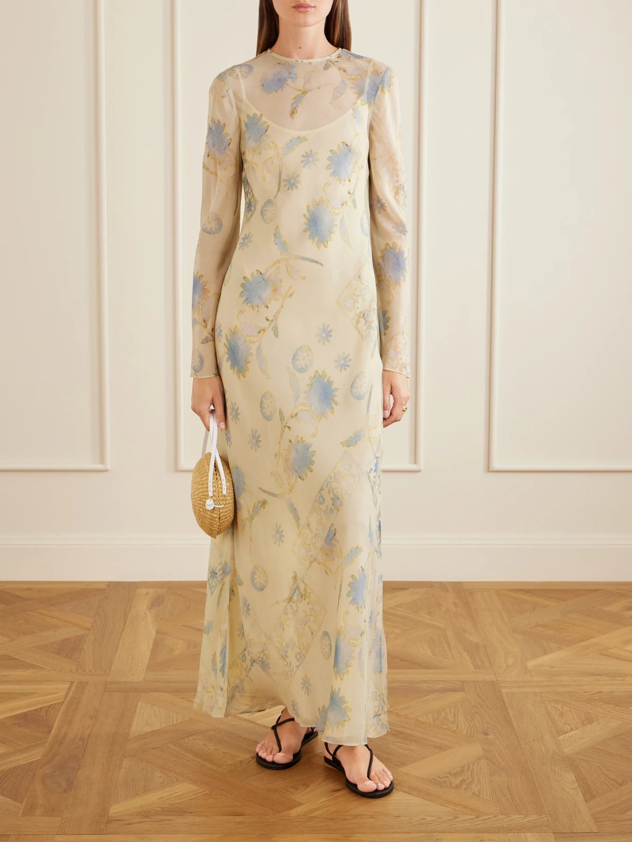 Image of Dresses. Product name - Cecile Floral-print Georgette Maxi Dress in Cream colour by brand - SIR.