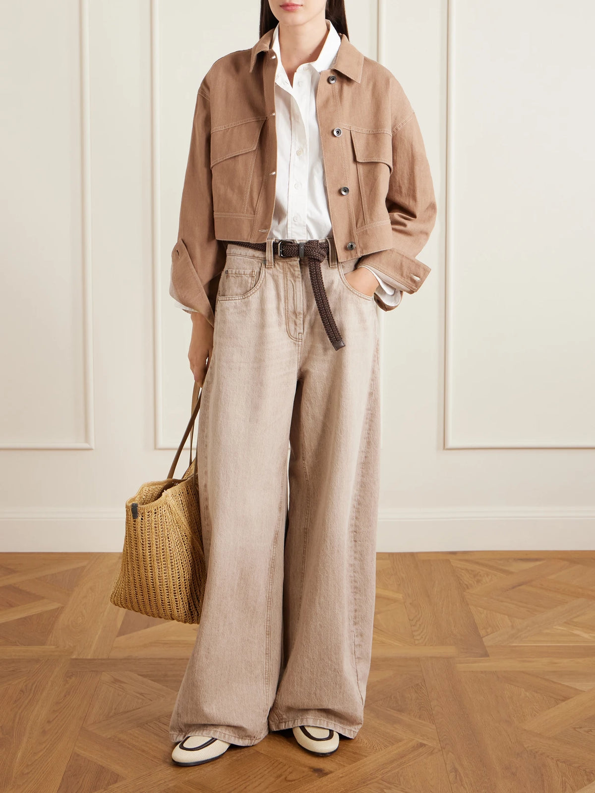 Image of Flats. Product name - Leather-trimmed Raffia Slip-ons in Cream colour by brand - Brunello Cucinelli