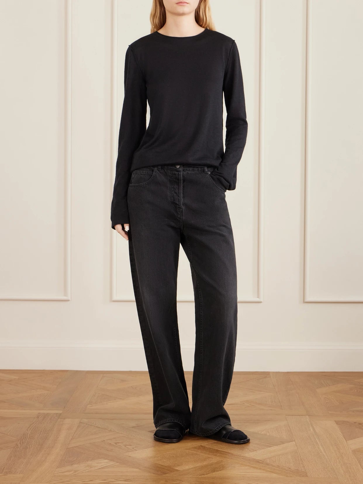 Image of Jeans. Product name - Finbar High-rise Wide-leg Jeans in Black colour by brand - The Row