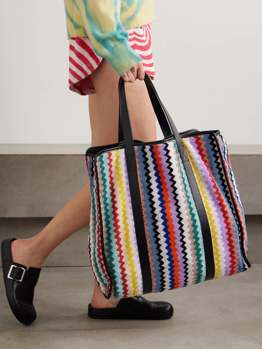 Image of Bags. Product name - Riverbero Leather-trimmed Striped Cotton-terry Tote in Multi colour by brand - MISSONI HOME
