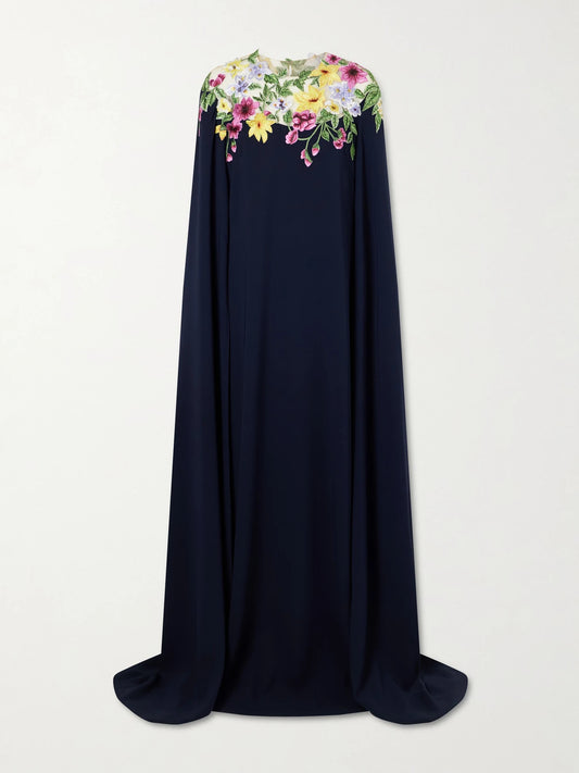 Cape-effect Floral-embroidered Silk-blend Georgette Gown