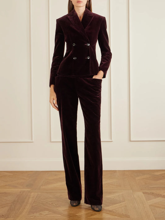 Image of a model wearing Pants. Product name - Cotton-velvet Straight-leg Pants in Plum colour by brand - Alaïa