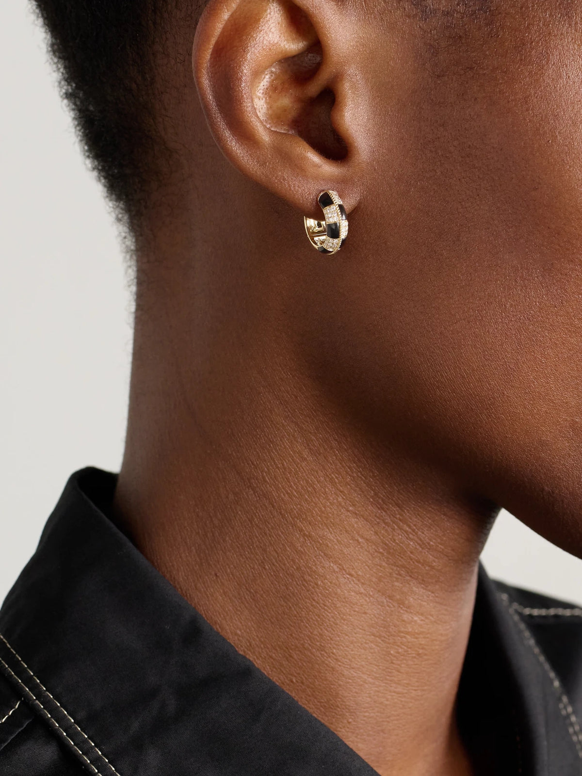 Image of Earrings. Product name - Mini Créoles 9-karat Gold, Onyx And Diamond Hoop Earrings in Black colour by brand - Yvonne Léon