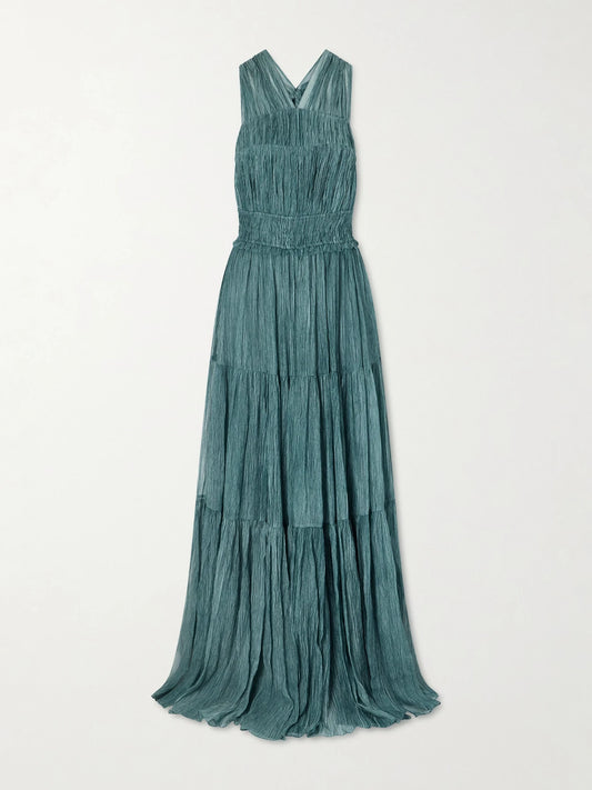 Image of Dresses. Product name - Freesia Tiered Silk-crepon Gown in Blue colour by brand - Ulla Johnson