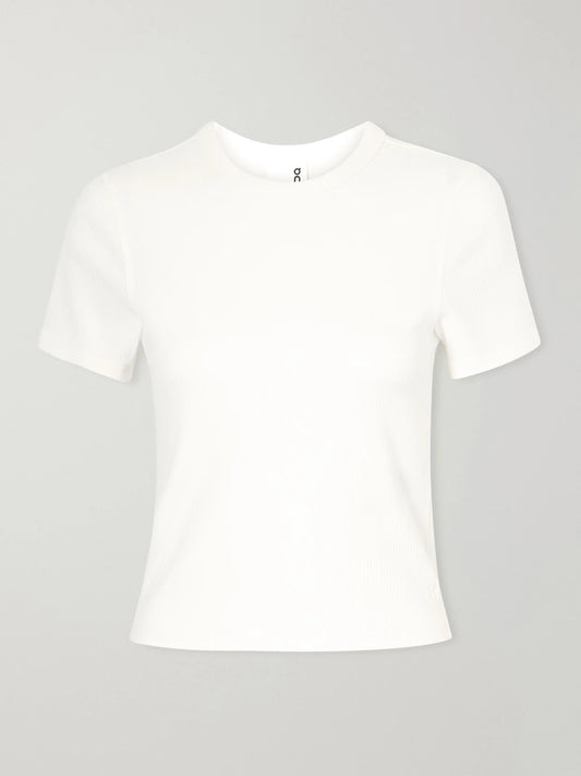 Image of a model wearing Tops. Product name - All-day Rib Lyocell And Cotton-blend T-shirt in Ivory colour by brand - ON