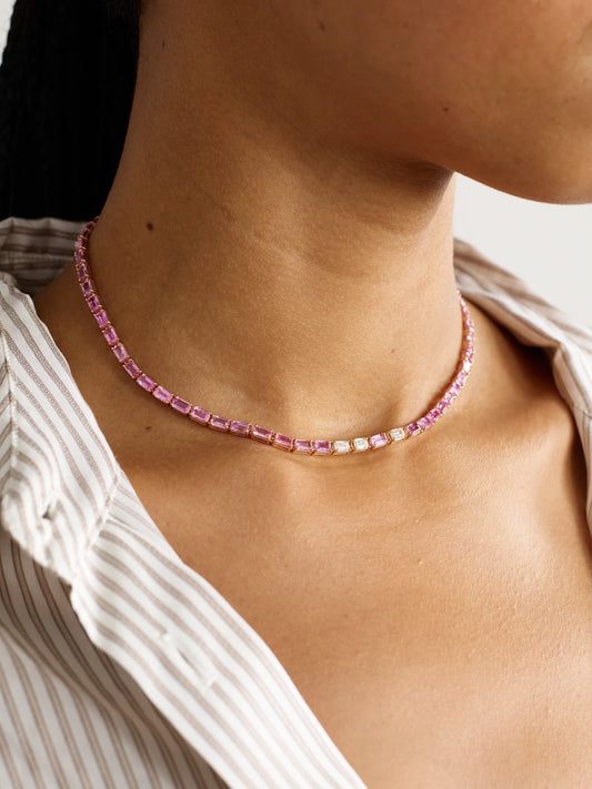 Image of Necklaces. Product name - 18-karat Rose Gold Sapphire And Diamond Tennis Necklace in Pink colour by brand - SHAY