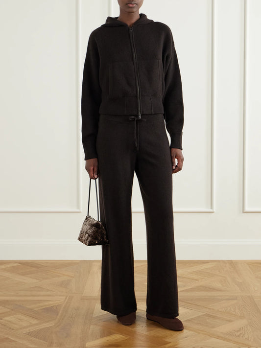 Image of a model wearing Outerwear. Product name - Lilia Cropped Cashmere Hoodie in Brown colour by brand - LISA YANG