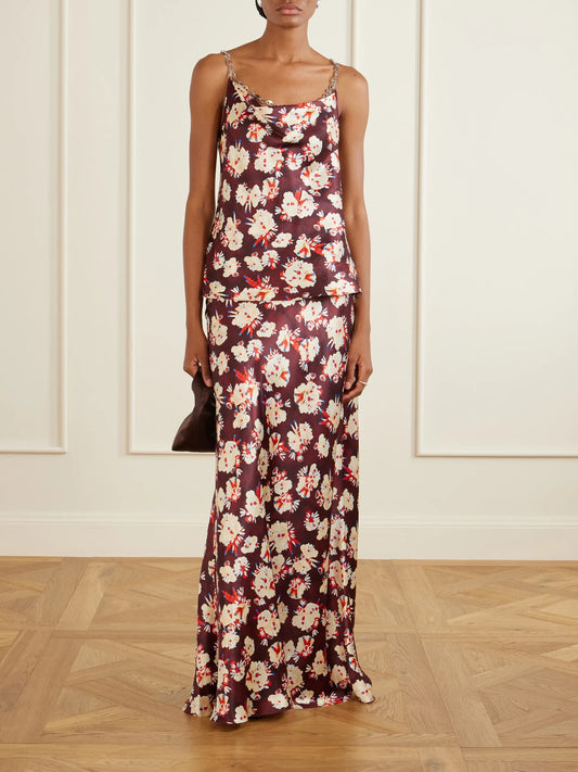 Image of a model wearing Tops. Product name - Chainmail-embellished Floral-print Silk Tank in Burgundy colour by brand - RABANNE