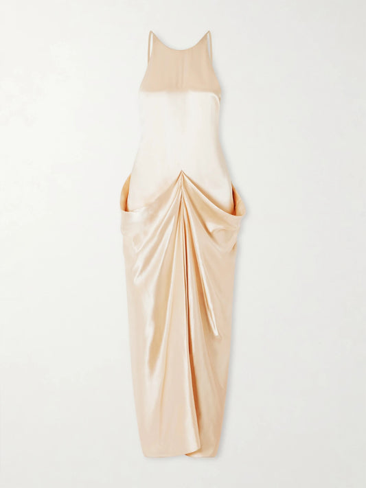 Image of Dresses. Product name - Kent Open-back Draped Satin Maxi Dress in Pastel pink colour by brand - KHAITE