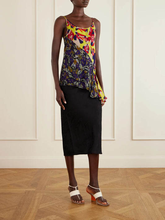 Image of a model wearing Tops. Product name - Ruffled Printed Asymmetric Georgette Camisole in Yellow colour by brand - Dries Van Noten