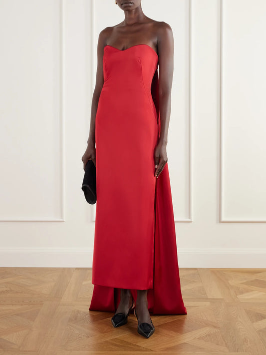 Image of Dresses. Product name - Dinah Cape-effect Strapless Satin Gown in Red colour by brand - SIMKHAI