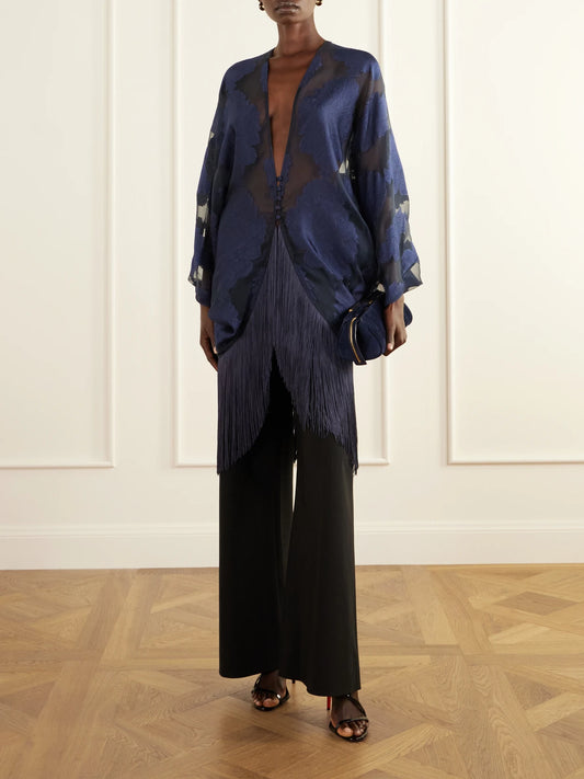 Image of a model wearing Tops. Product name - 1920 Fringe-trimmed Silk-chiffon Fil Coupé Blouse in Navy colour by brand - Taller Marmo