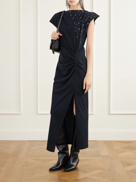 Image of Dresses. Product name - Nadela Gathered Bead-embellished Cotton-jersey Maxi Dress in Black, Ecru colour by brand - ISABEL MARANT