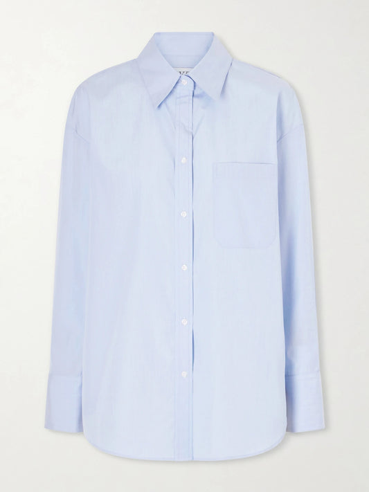 Image of a model wearing Tops. Product name - Big Joe Cotton-poplin Shirt in Light blue colour by brand - TWP