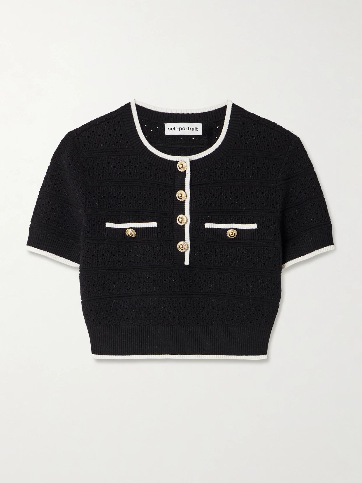 Cropped Button-embellished Metallic Cotton-blend Pointelle-knit Top