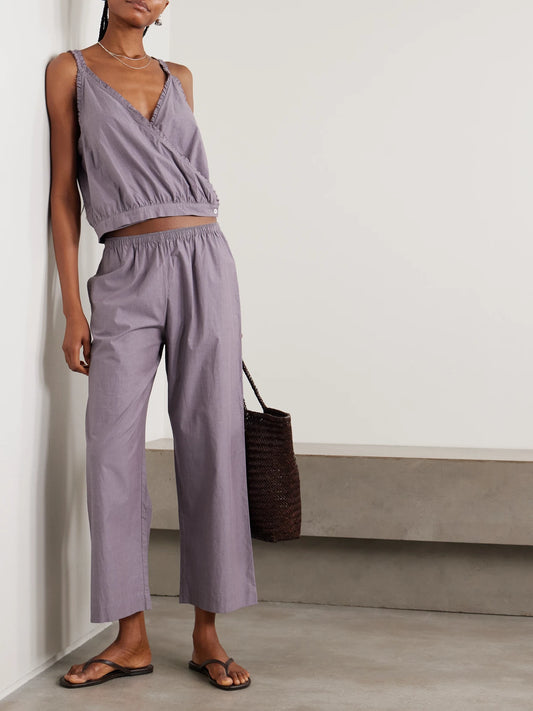 Image of Blouses. Product name - Overlie Frayed Wrap-effect Organic Cotton Camisole in Purple colour by brand - Deiji Studios