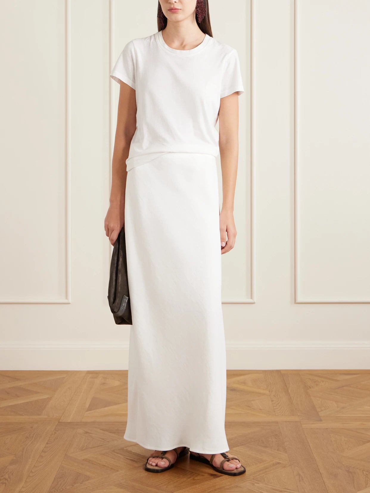 Image of a model wearing Skirts. Product name - Woven Maxi Skirt in White colour by brand - Brunello Cucinelli