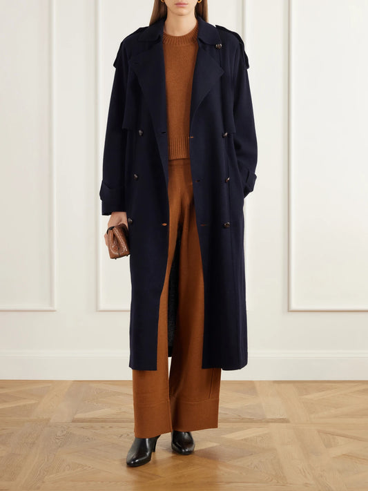 Image of Coats & Jackets. Product name - Belted Double-breasted Wool And Cashmere-blend Trench Coat in Navy colour by brand - Allude