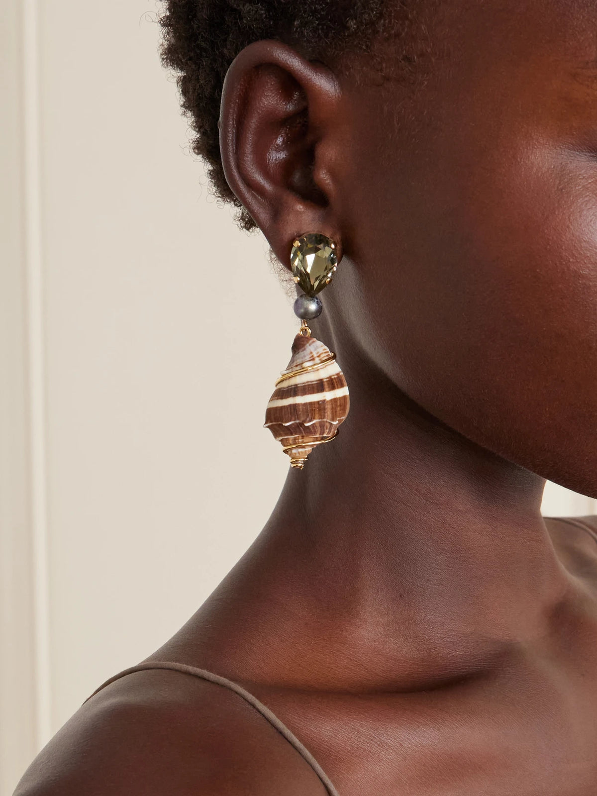 Image of Earrings. Product name - Alon Gold-tone Crystal-embellished Seashell Earrings in Brown colour by brand - Jennifer Behr
