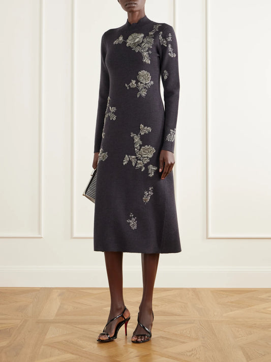 Image of Dresses. Product name - Bead-embellished Embroidered Wool-blend Knitted Midi Dress in Dark gray colour by brand - Oscar de la Renta