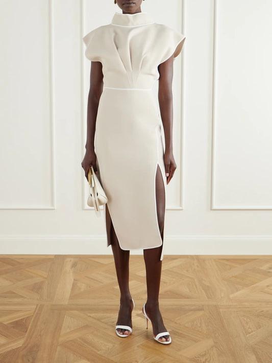 Image of Dresses. Product name - Pageant Paneled Crepe Midi Dress in Sand colour by brand - Maticevski
